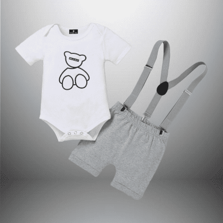 Toddler White and Grey Romper and Shorts with Suspender with Teddy Bear Motif-RKFCTT061